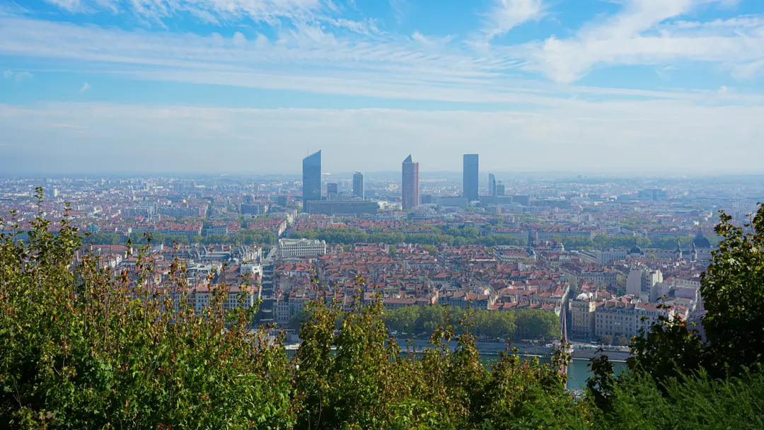 Lyon vue d'en haut : les toits, la Saône et les tours, derrière la verdure.