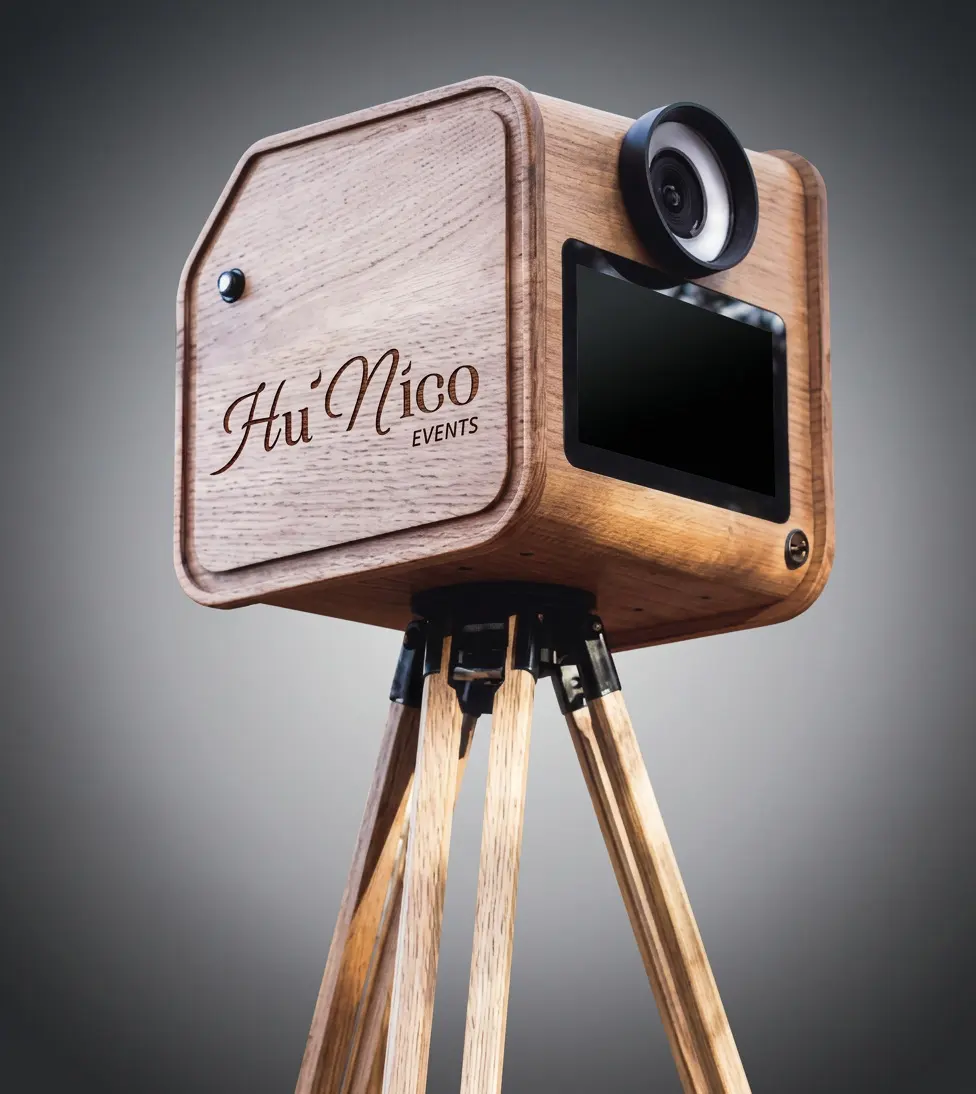 Le photobooth vintage de la Maison, en chêne gravé du logo Hu'Nico Events, monté sur un trépied en bois.